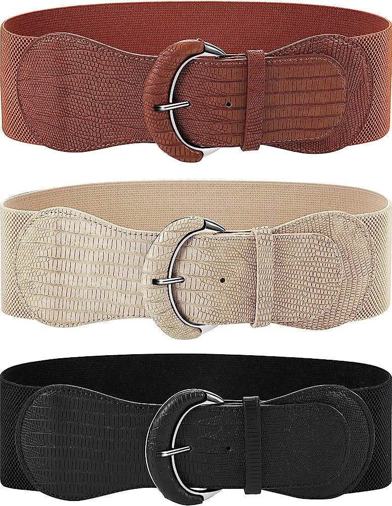 3 Pieces Women Wide Belt for Dresses Women Dress Belt Stretchy Cinch Belt Leather Elastic Belt for L | Amazon (US)