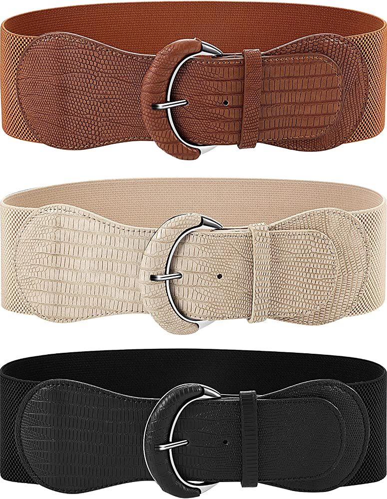3 Pieces Women Wide Belt for Dresses Women Dress Belt Stretchy Cinch Belt Leather Elastic Belt for L | Amazon (US)
