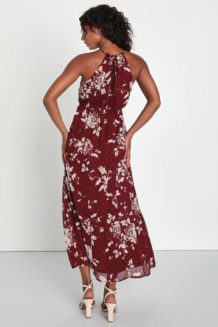 Instinctive Impression Wine Red Floral Print Clip Dot Maxi Dress | Lulus