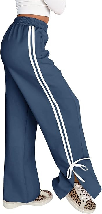 Fisoew Womens Wide Leg Track Pants High Waisted Side Slit Striped Baggy Sweatpants with Pockets | Amazon (US)