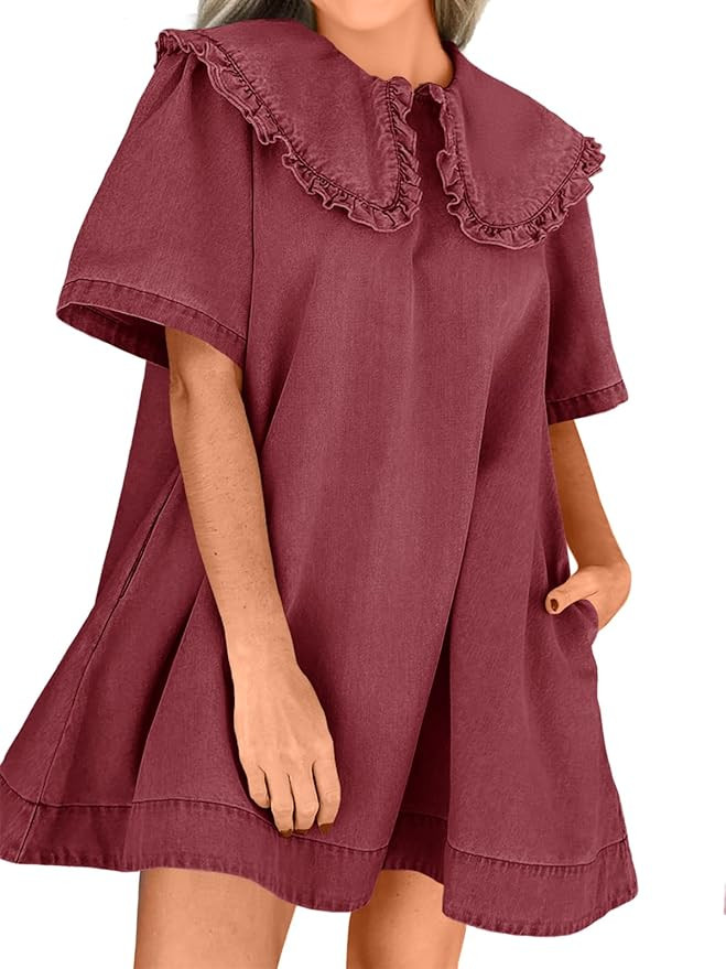 Wenrine Womens Summer Denim Mini Dress Oversized Peter Pan Collar Short Sleeve Casual Flowy Babyd... | Amazon (US)