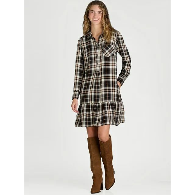 Time and Tru Women's and Women's Plus Ruffle Hem Mini Shirt Dress with Long Sleeves, Sizes XS-4X | Walmart (US)