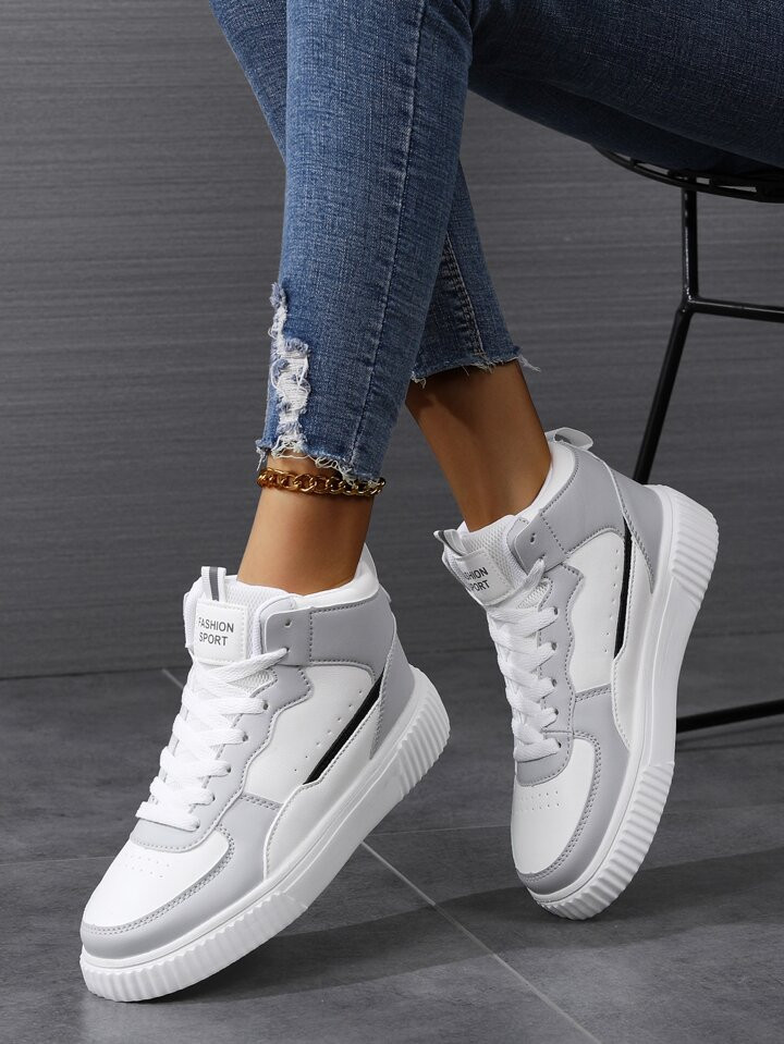 Women's White Gray High-top Sports Sneakers With Comfortable Breathable Lace-up Design | SHEIN
