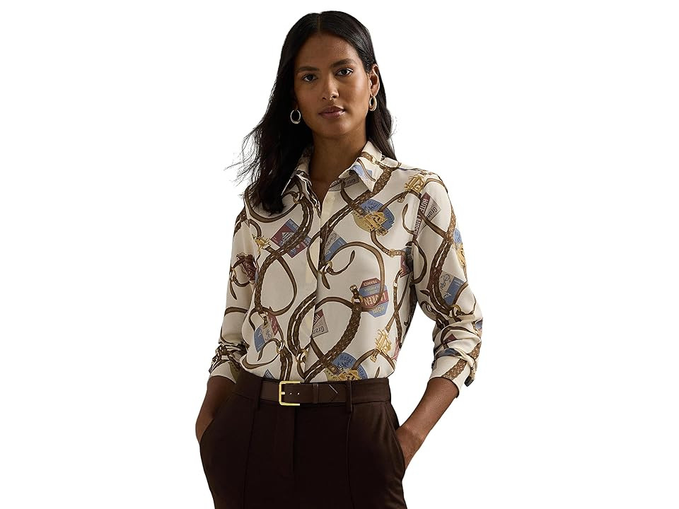 Lauren Ralph Lauren Classic Fit Belting-Print Crepe Shirt (Cream Multi) Women's Clothing | Zappos