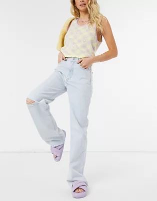 Pull&Bear dad jeans with rips in blue | ASOS (Global)