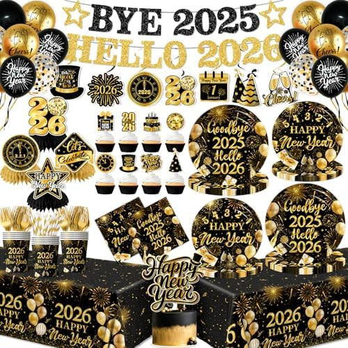 New Years Eve Party Supplies 2026, Black Gold Disposable Tableware Includes Plates Napkins Banner... | Amazon (US)