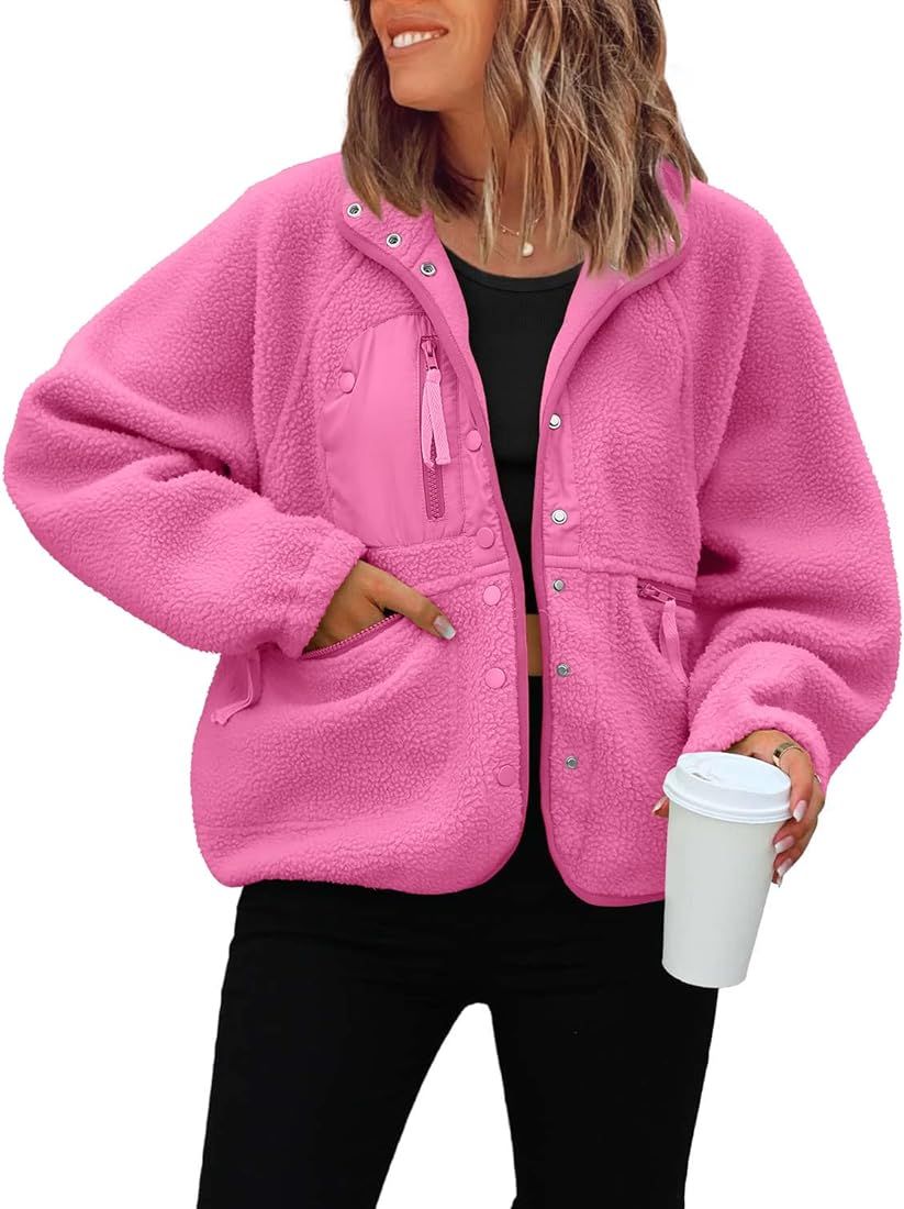 ReachMe Womens Casual Lapel Long Sleeve Sherpa Jacket Button Down Fuzzy Fleece Coat Winter Y2K Outwear With Pockets | Amazon (US)