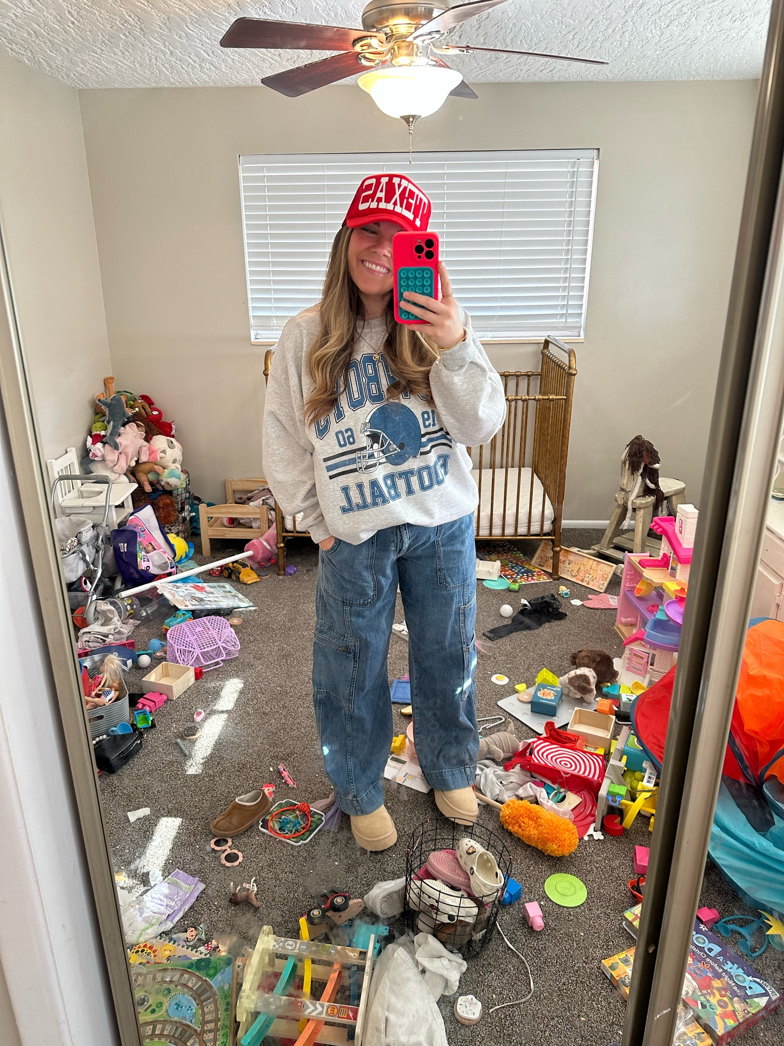 OOTD details💓 Real life of my playroom currently😂 Sweatshirt I sized up to a large & it’s the ash color & jeans size up forsure!! No stretch and all other reviews say they sized up too🫶🏼 

#LTKfindsunder50 #LTKsalealert