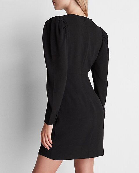 Textured Faux Wrap Puff Sleeve Mini Dress | Express