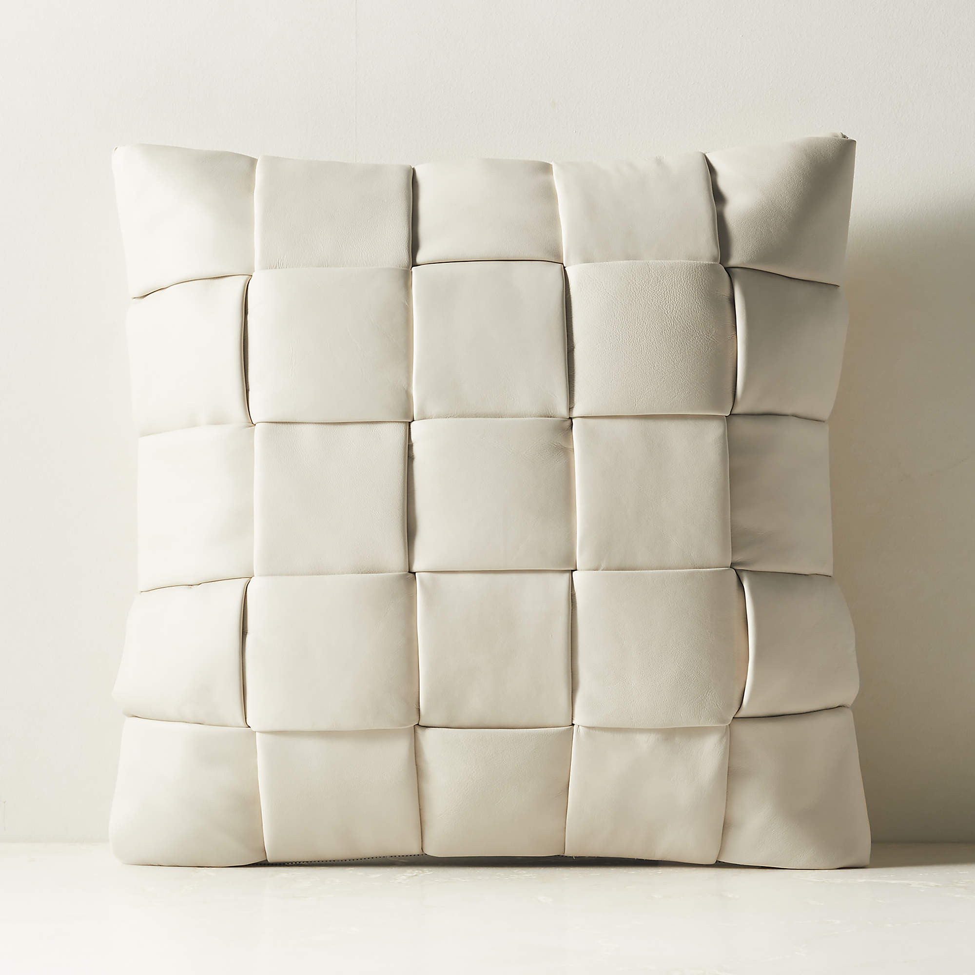 Jabas Warm White Woven Leather Throw Pillow with Down-Alternative Insert 20"x20" + Reviews | CB2 | CB2