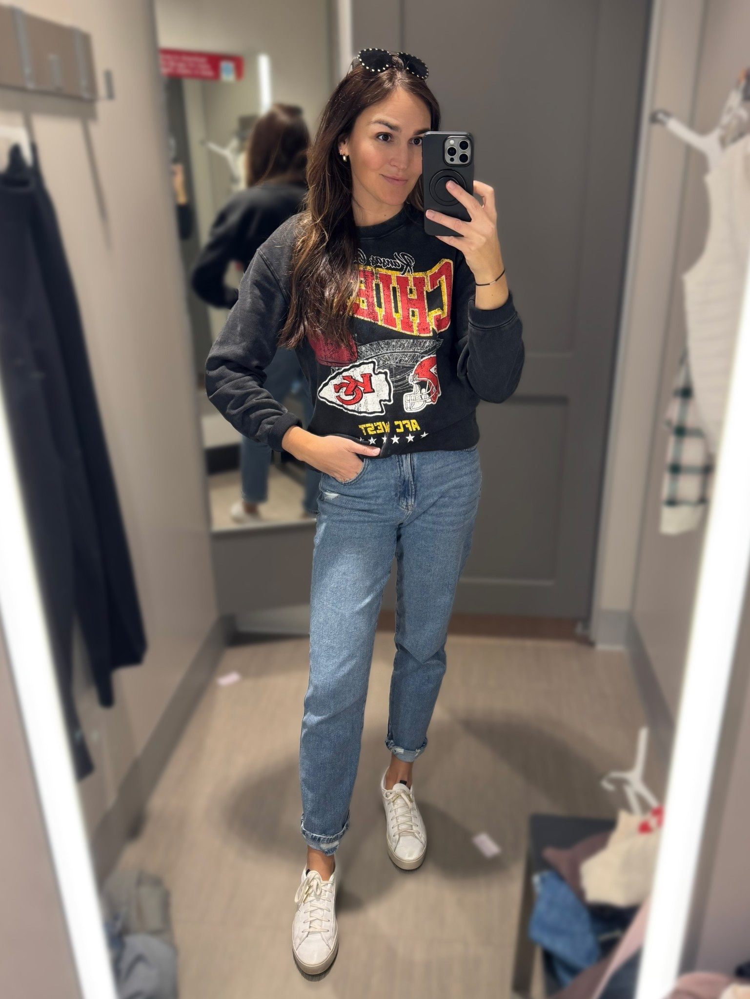 Chiefs sweatshirt on sale for $24 (wearing a small)

White leather Adidas sneakers back in stock— these are my fav go-to tennis shoes. Works with everything! Runs TTS

#LTKFindsUnder50 #LTKTall #LTKSaleAlert