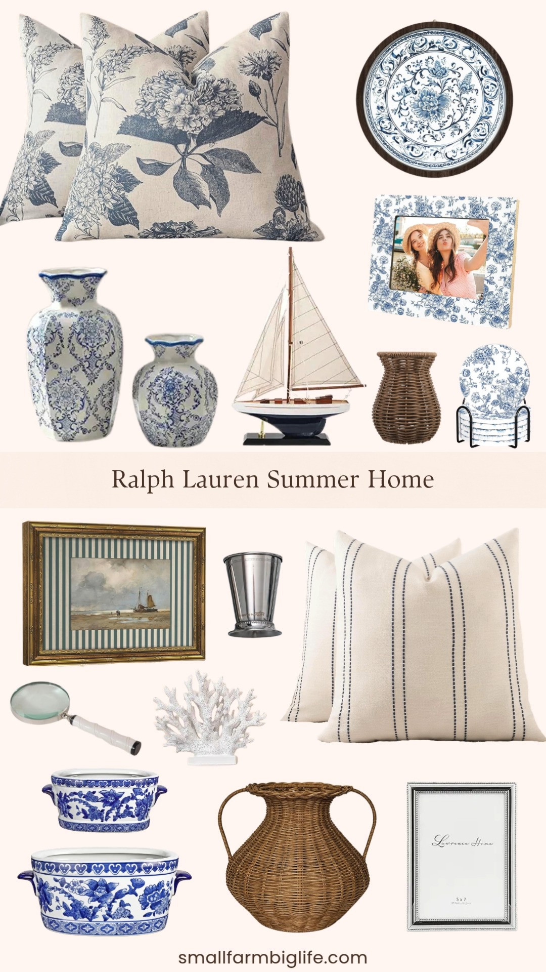 If you love that classic Ralph Lauren inspired coastal preppy aesthetic this round up is going to be your favorite. Blue and white chinoiserie vases, floral ceramic planters, and round wood framed wall art bring that timeless and elegant look to any room, and the linen floral throw pillow covers and striped pillow covers layer together beautifully for a collected and curated feel. The wooden sailboat decor, watercolor sailboat wall art, and silver mint julep cups are the kind of classic accent pieces that give a space that polished Ralph Lauren summer home vibe without the designer price tag. The rattan vases and white coral decor add just the right amount of organic texture to balance all the blue and white. Tap to shop! 

 #LTKSeasonal #LTKHome