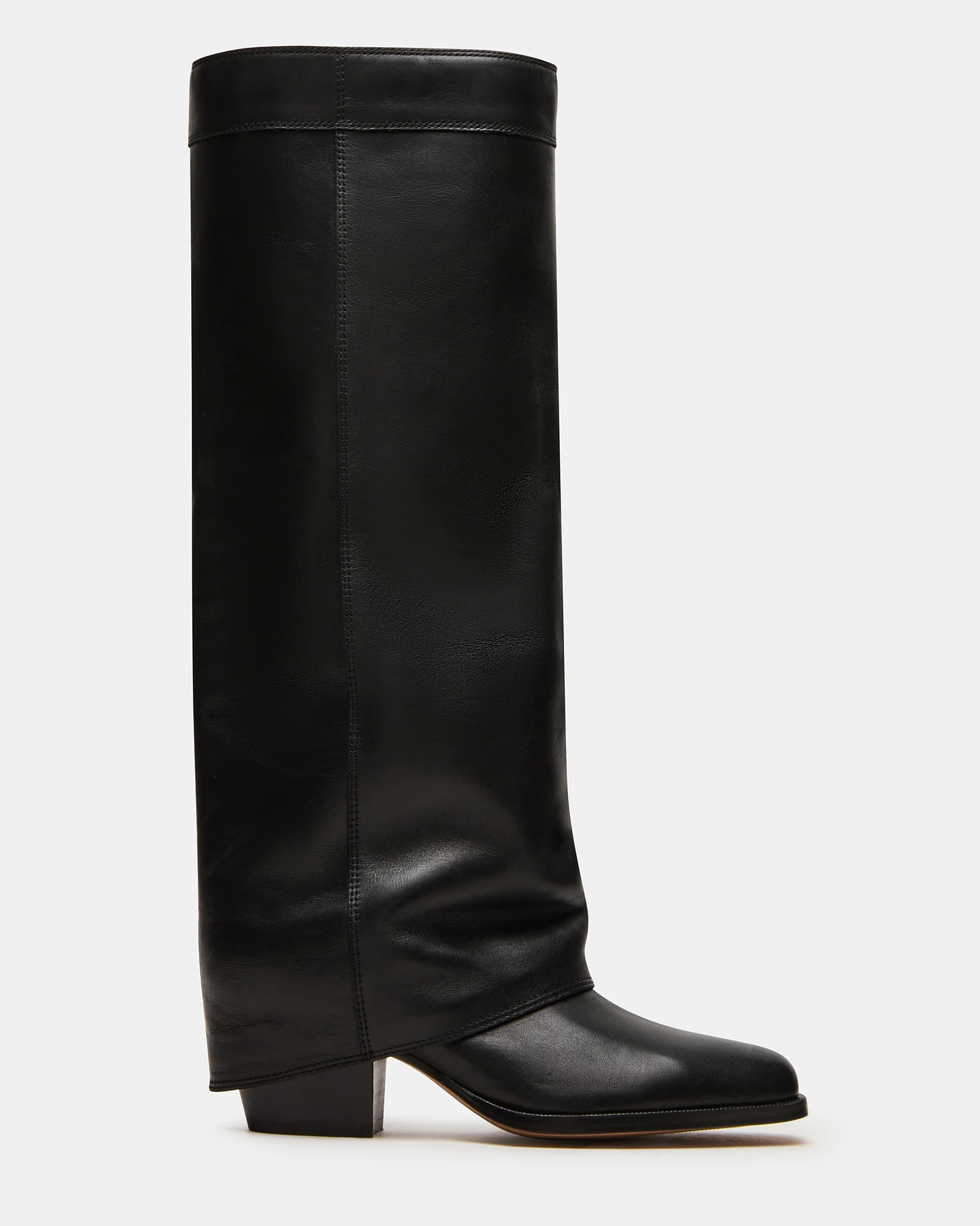 WINNICK Black Leather Knee-High Cuffed Fold-Over Block Heel Women's Boot | Steve Madden (US)