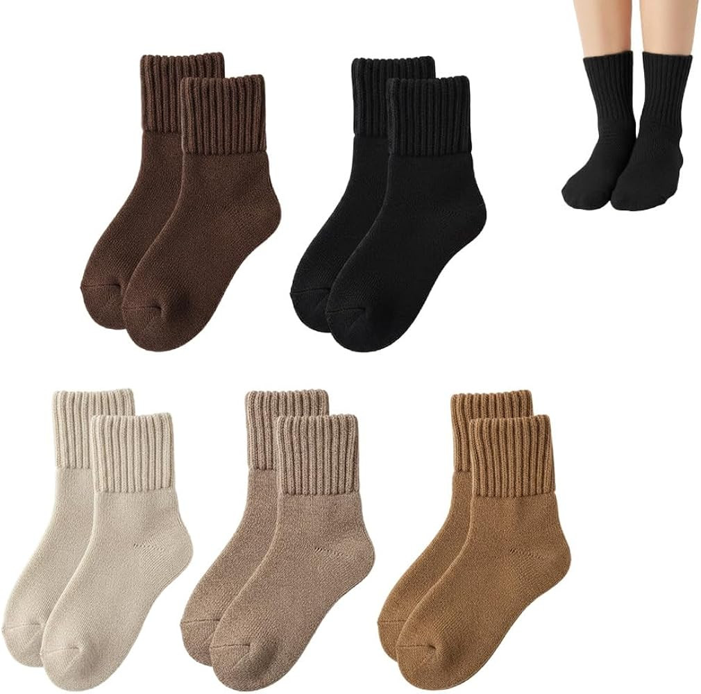 5 Pairs Women's Solid Mid-calf Socks, 2026 New Fall Cozy Fuzzy Socks for Women, Thick Warm Winter... | Amazon (US)