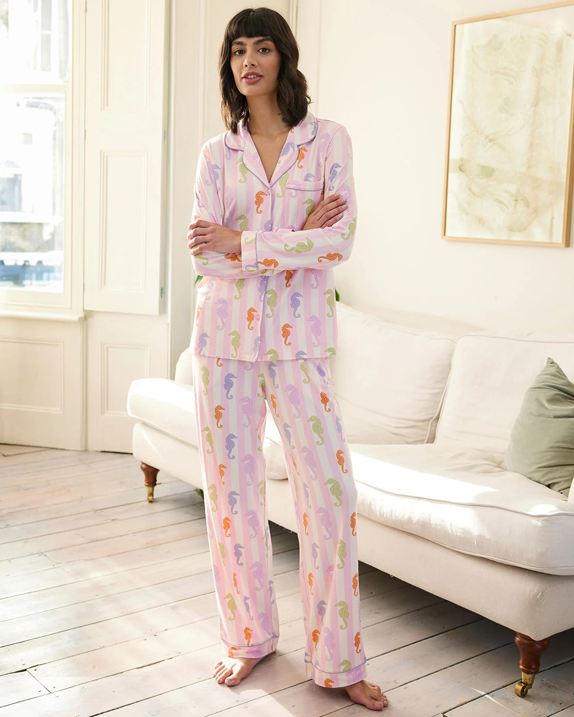 Seahorse Stripe Print Long Pyjama Set | Chelsea Peers NYC