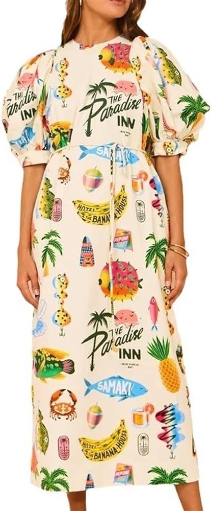 Printed Bubble Sleeves Loose Casual Lace up Split Dress Retro Flare French Dress | Amazon (US)
