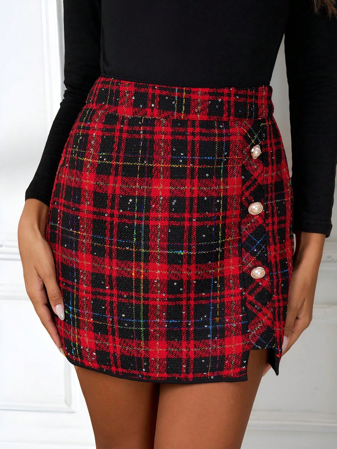 SHEIN Clasi Christmas Red Thick Woollen Mini Skirt For Women, Autumn/Winter Red Skirt Christmas W... | SHEIN