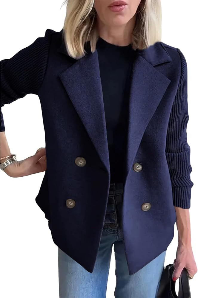 ebossy Women's Double Breasted Wool Pea Coat Notched Lapel Ribbed Knit Long Sleeve Sweater Short ... | Amazon (US)