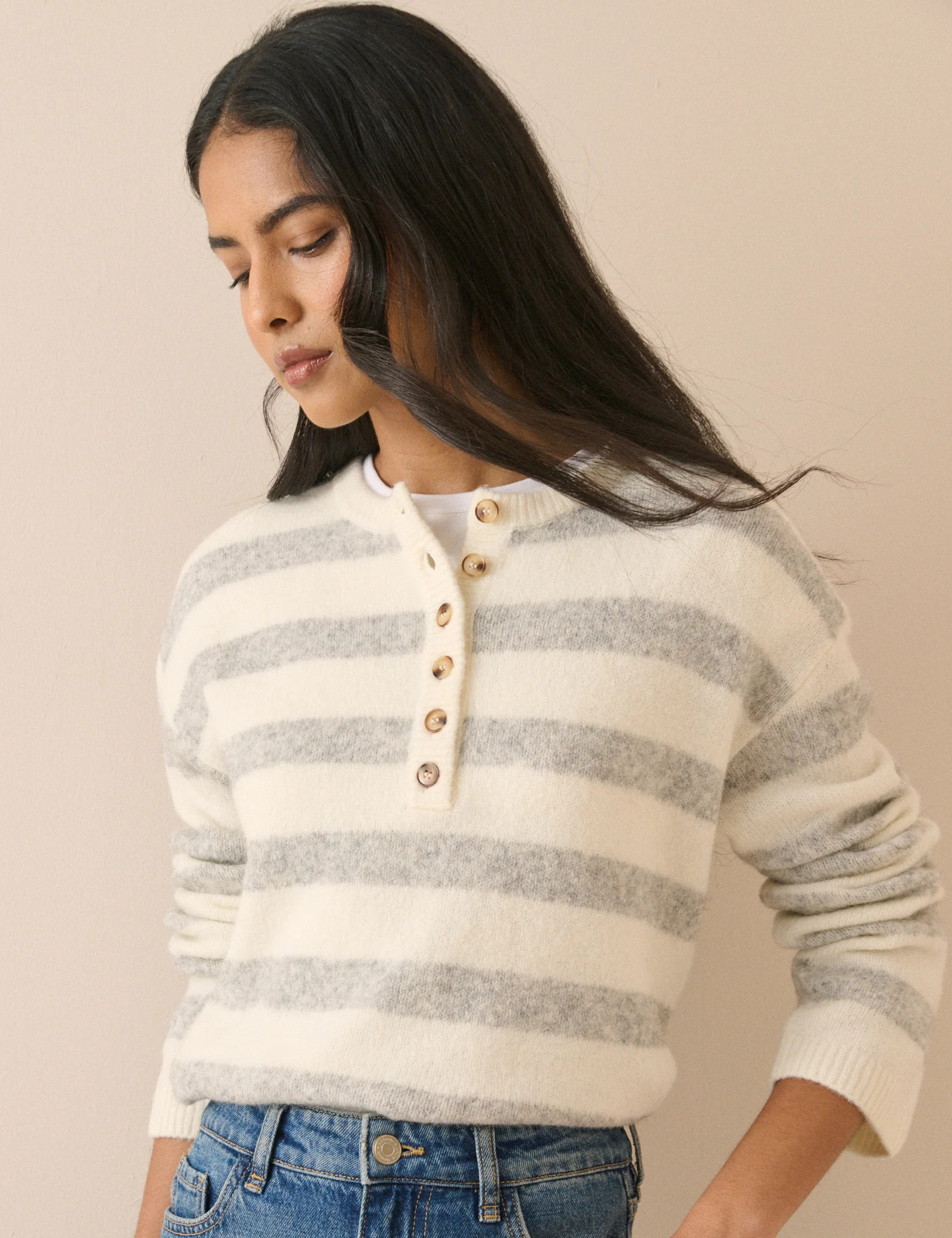 Grey and Cream Striped Henley Jumper | Nobody's Child