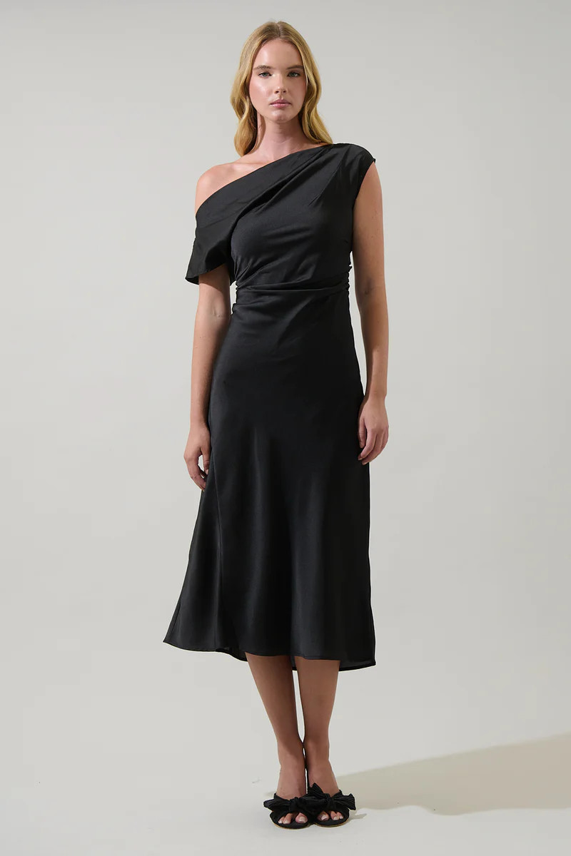 Rizzo Satin Off The Shoulder Midi Dress | Sugarlips