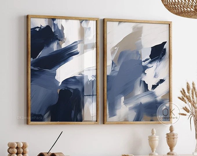 Navy Blue Wall Art Set of 2 Prints, Dark Blue Abstract Wall Art, Modern Wall Art, Digital Downloa... | Etsy (US)