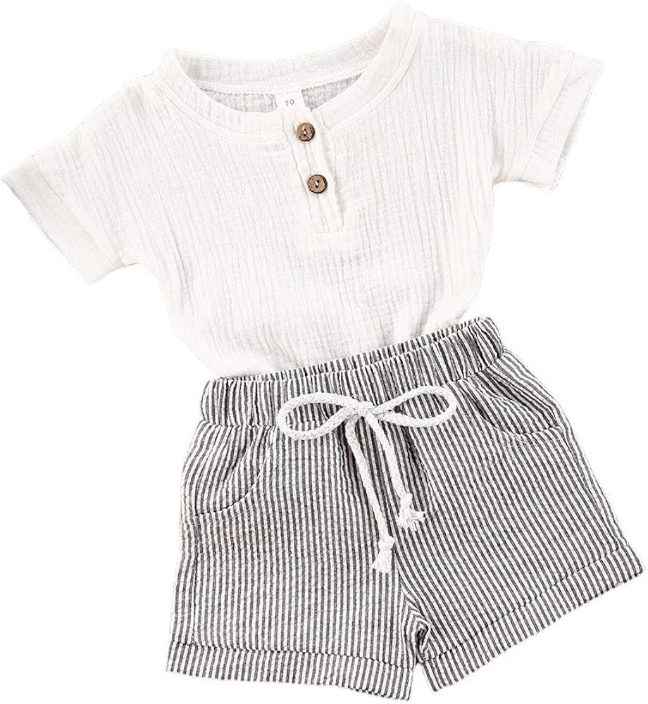 Baby Boys 2Pcs Summer Outfits Short Sleeve T-Shirt Tops Elastic Waistband Shorts Set Toddler Clothes | Amazon (US)