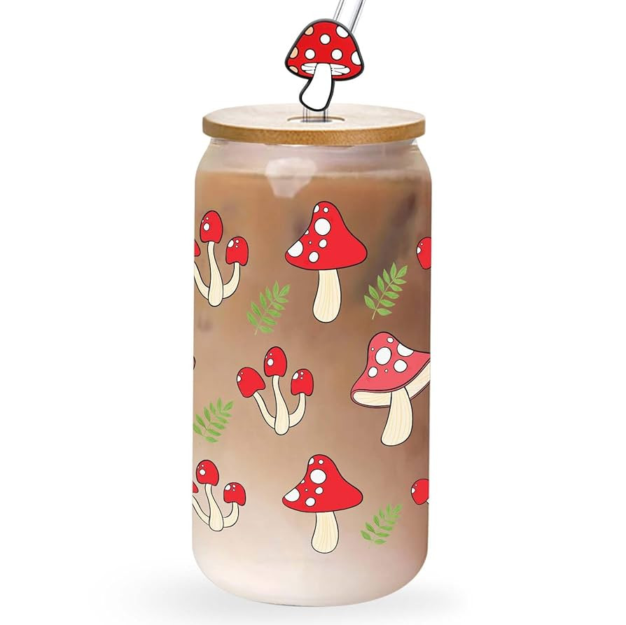 Mushrooms Iced Coffee Cup Mushroom Gifts for Mushrooms Lover Women Cute Mushroom Decor Glass Cup ... | Amazon (US)