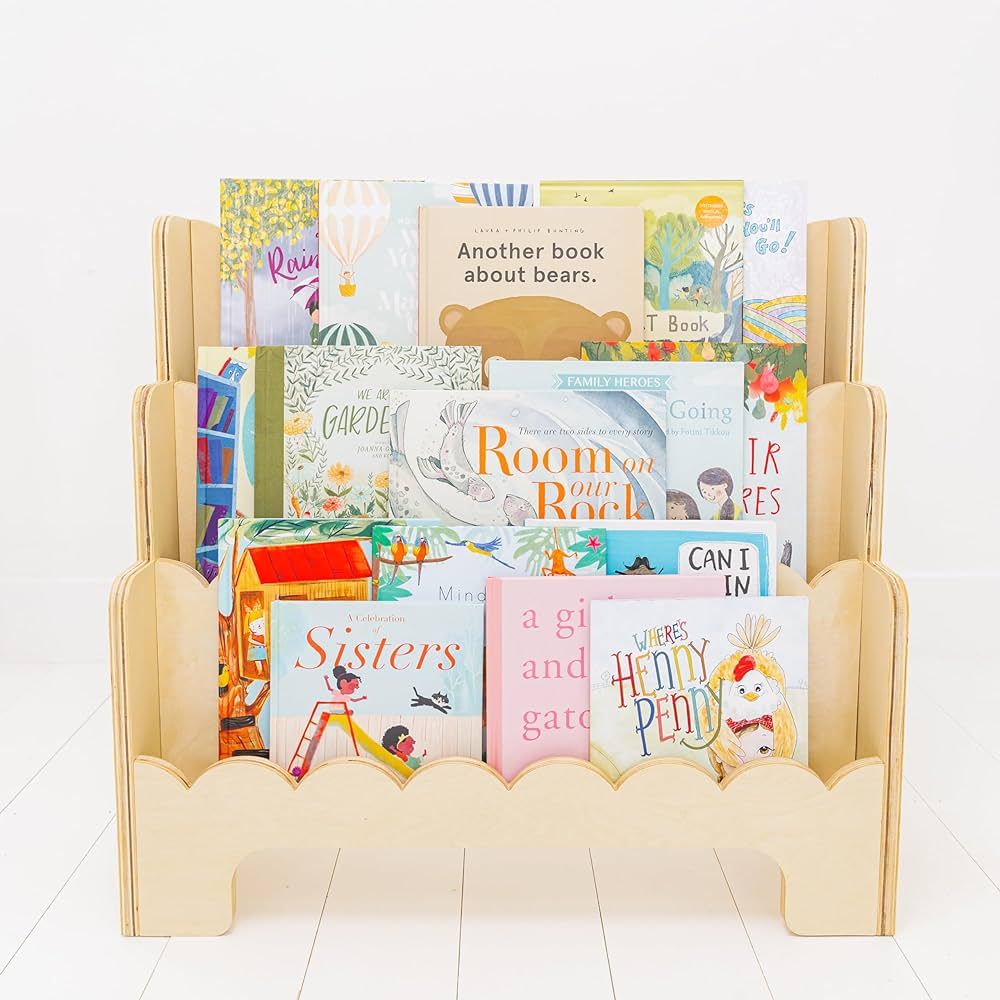 Wooden Kids Bookshelf w/Scalloped Edges - Perfect Height 3-Tier Montessori Bookshelf for Kids - D... | Amazon (US)