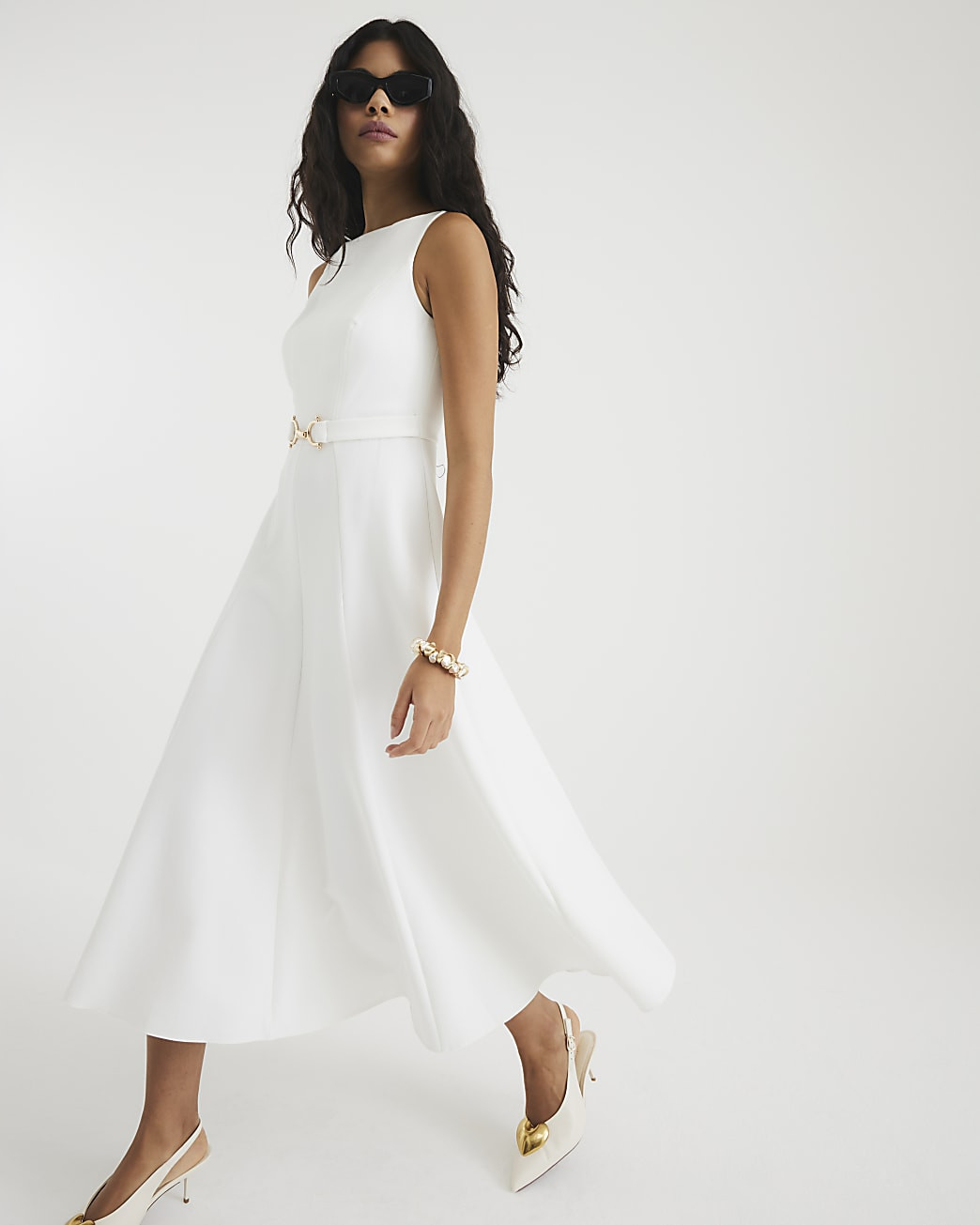 White Boat Neck Belted Midi Dress | River Island UK & IE