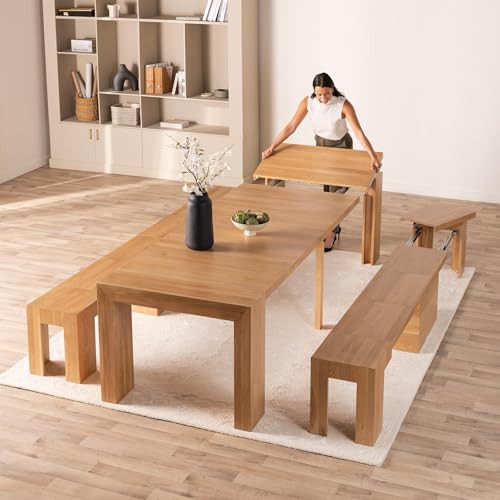 Transformer Table - Solid Wood Extendable Dining Table with 2 Benches, Seats 2-12, Expandable Table, Space-Saving Furniture, Expandable Furniture, Scandinavian Oak, Natural Finish (Table + 2 Benches) | Amazon (US)