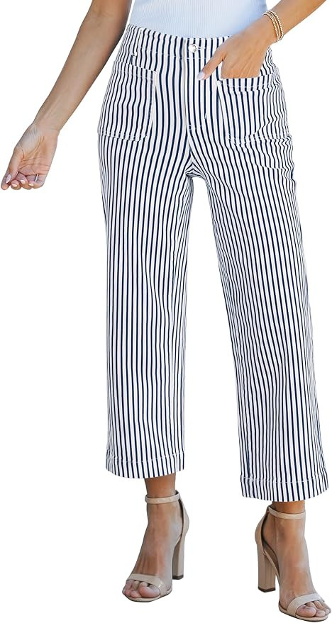 luvamia Striped Jeans for Women Trendy High Waisted Cropped Wide Leg Pants Stretchy Denim Patch P... | Amazon (US)