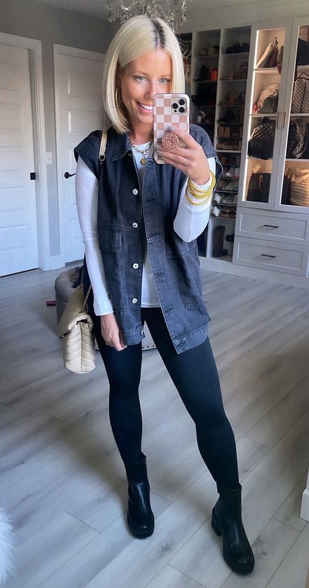 I love how this denim vest turns a basic white tee and leggings into an adorable (and still comfy) look!!!! It also comes in a hooded version! 
⬇️⬇️⬇️ 
Vest small
Tee medium 
Leggings XS
Boots TTS

#LTKsalealert #LTKfindsunder50 #LTKCyberWeek