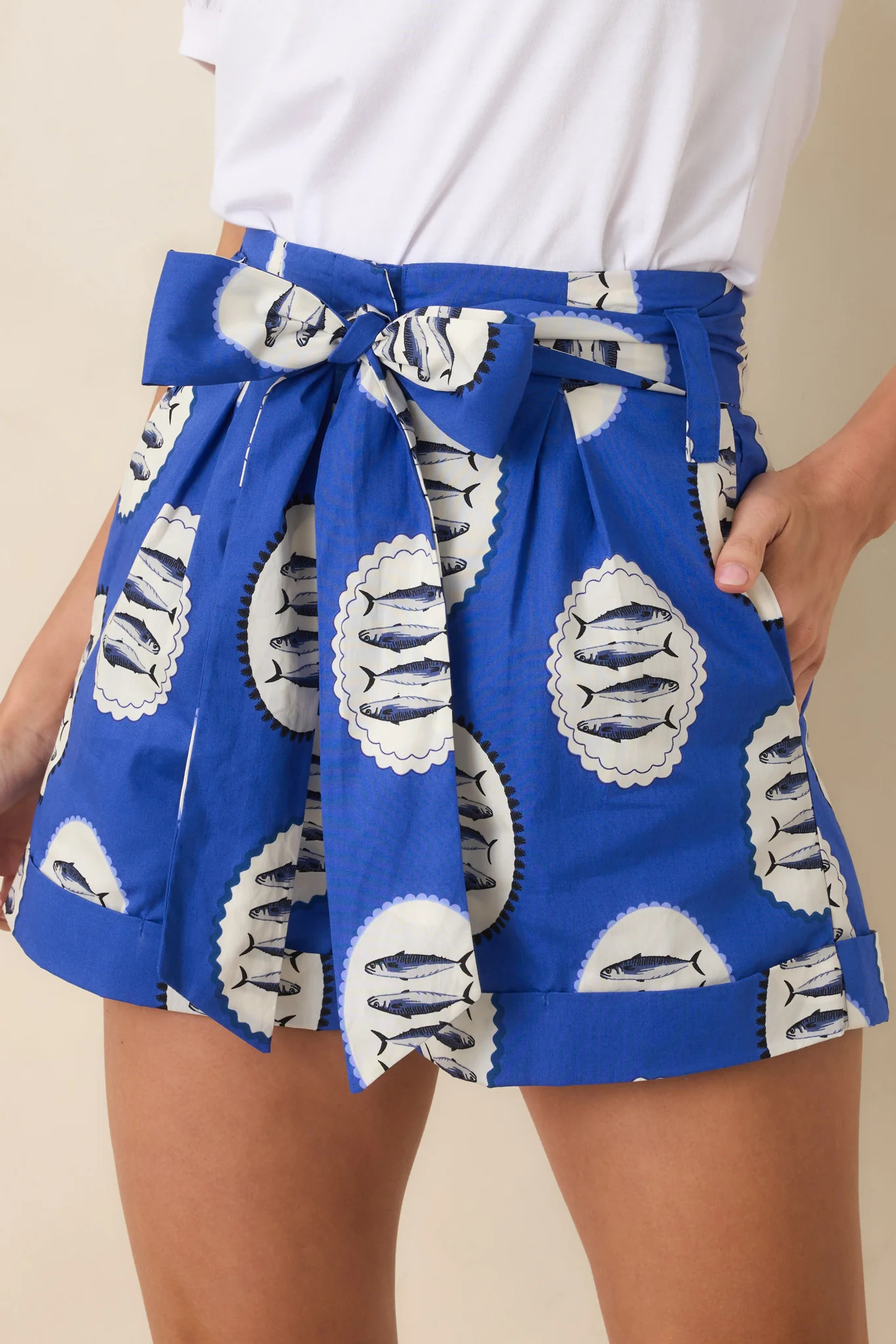 On the Hook Royal Blue Multi Cotton Tie-Belt Shorts | Red Dress