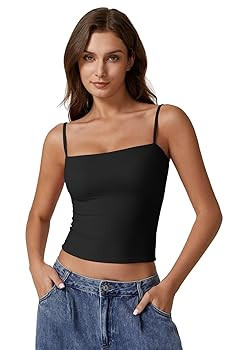 QINSEN Women's Double Lined Basic Tank Top Adjustable Spaghetti Straps Sleeveless Camisole Shirts | Amazon (US)