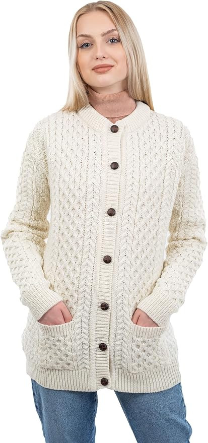 Irish Aran Wool Lumber Cardigan for Women's with Buttons and Pockets Made in Ireland (Natural, La... | Amazon (US)