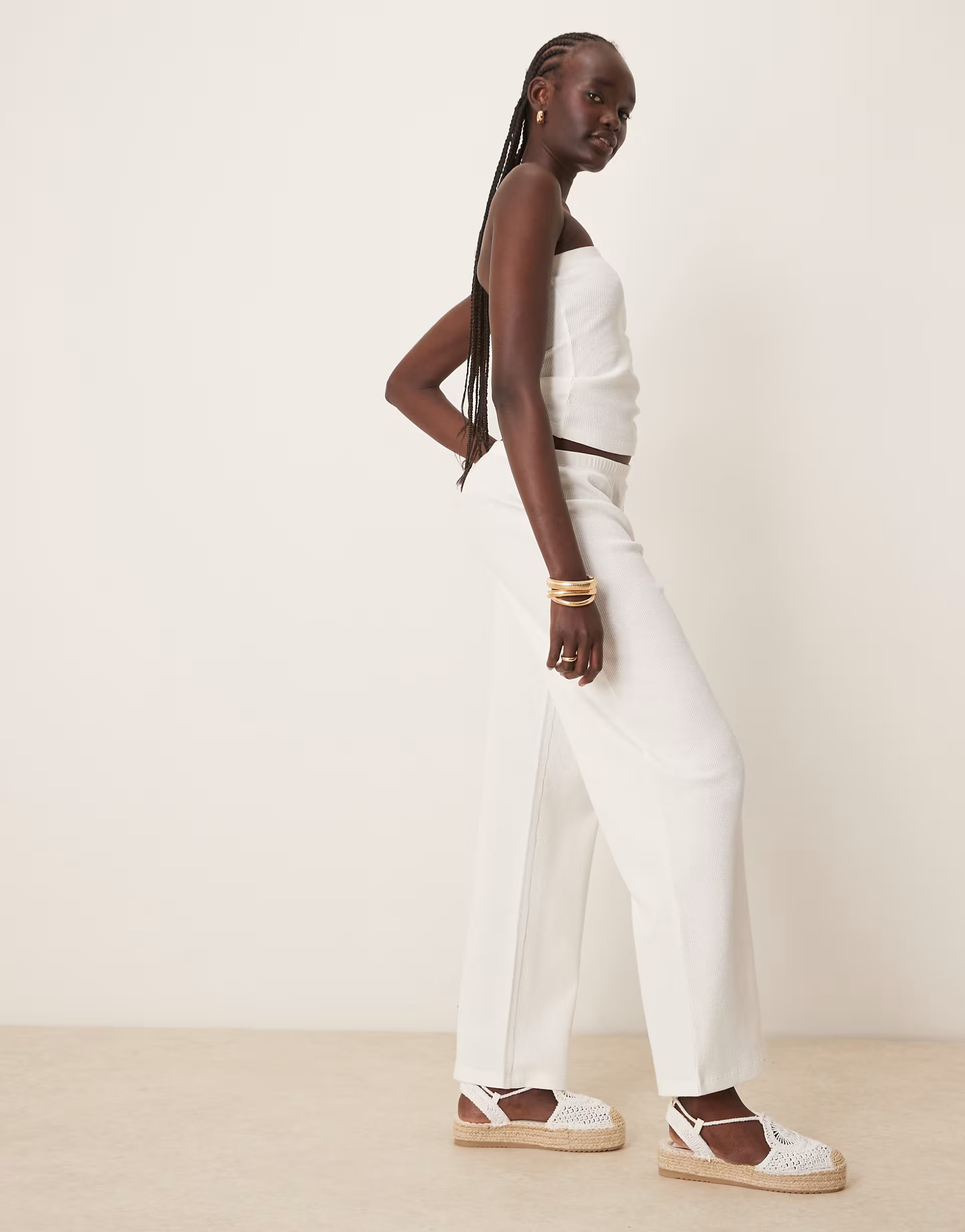 ASOS DESIGN wide leg waffle trouser in cream | ASOS | ASOS (Global)