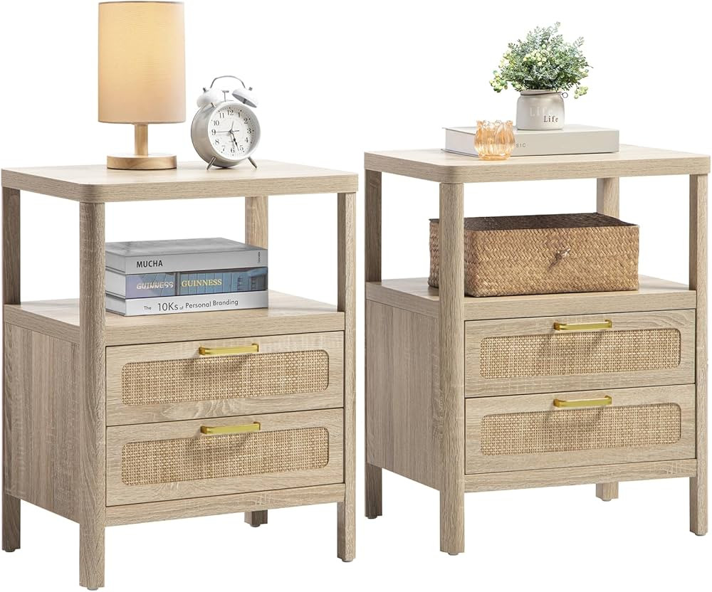 Rattan Nightstands Set of 2 - Boho Night Stand Bedside Table with 2 Rattan Drawers, Open Storage ... | Amazon (US)