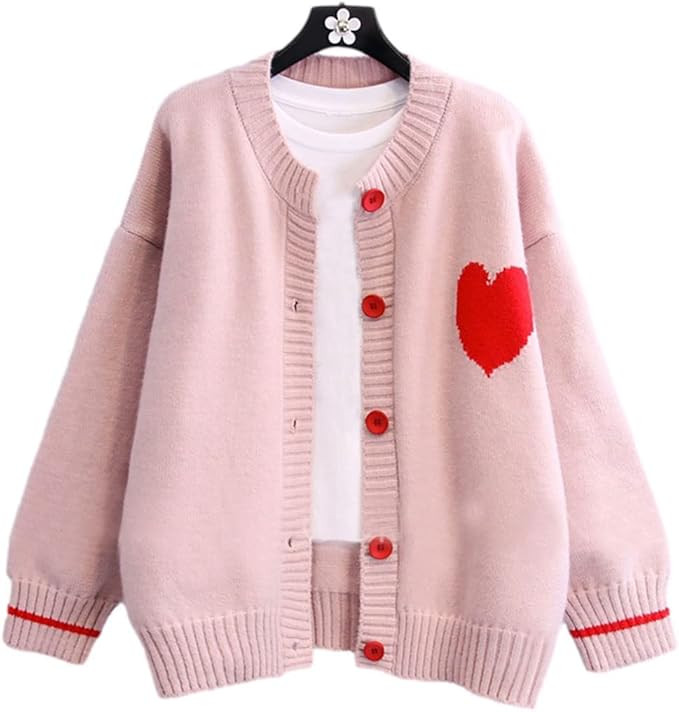 FindThy Women's Cute Cardigan Sweater Kawaii Love Heart Print Y2K Button Knitted Outerwear | Amazon (US)