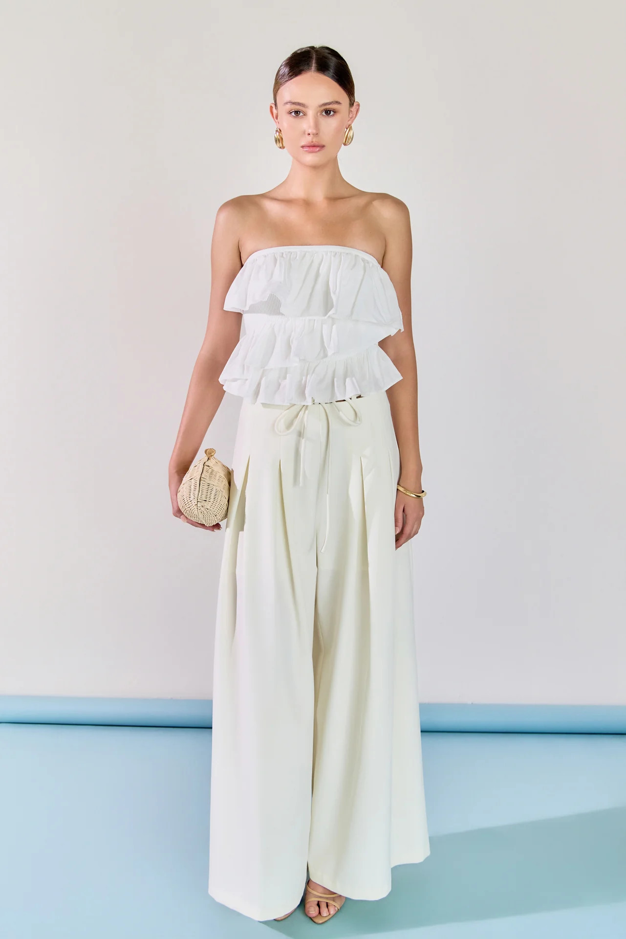 Mixed Media Ruffled Strapless Top WHITE / S | Endless Rose