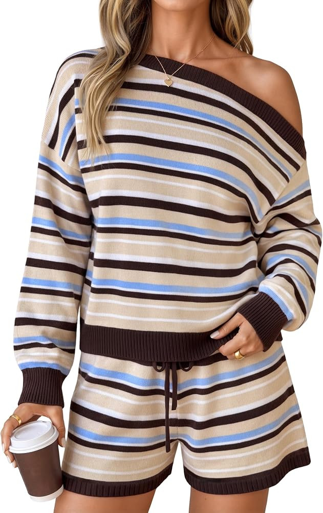 ZESICA Women's 2 Piece Striped Casual Long Sleeve Sweater Shorts Sets | Amazon (US)