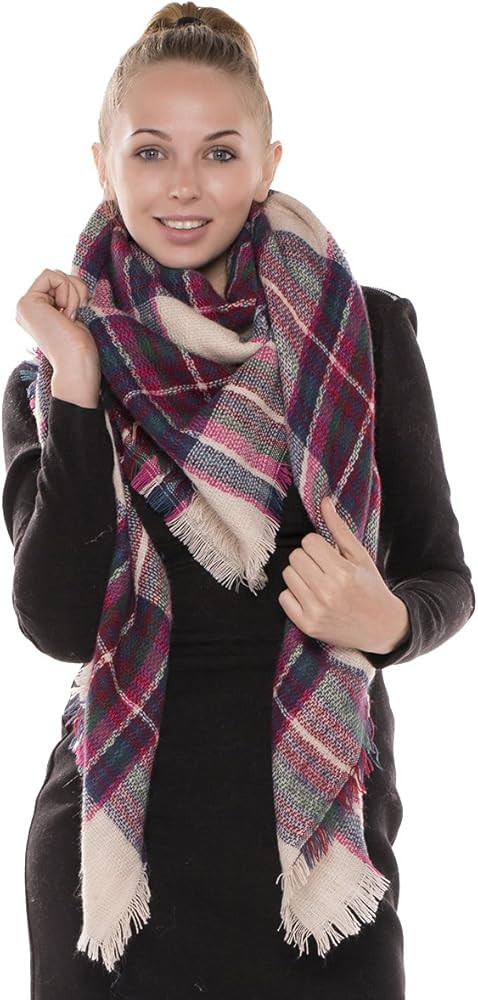 BYOS Womens Chunky Plaid Tartan Checked Soft Brushed Scarf Wrap Tassel Trims | Amazon (US)