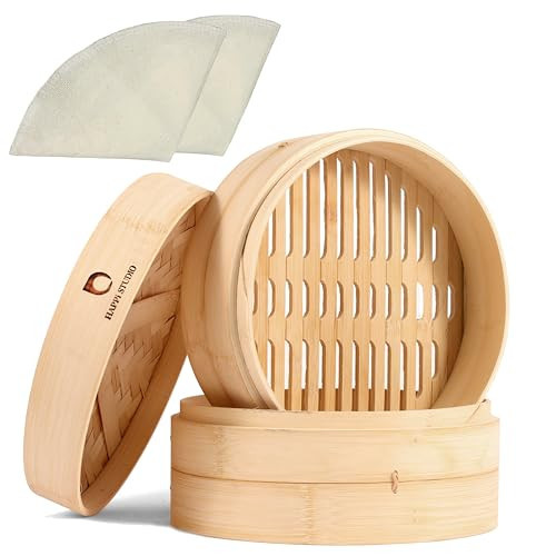 Bamboo Steamer - 2-Tier 10 Inch for Cooking Dim Sum, Momo, Rice - Chinese Basket for Bao Bun, Dumplings - Japanese Steaming | Amazon (US)