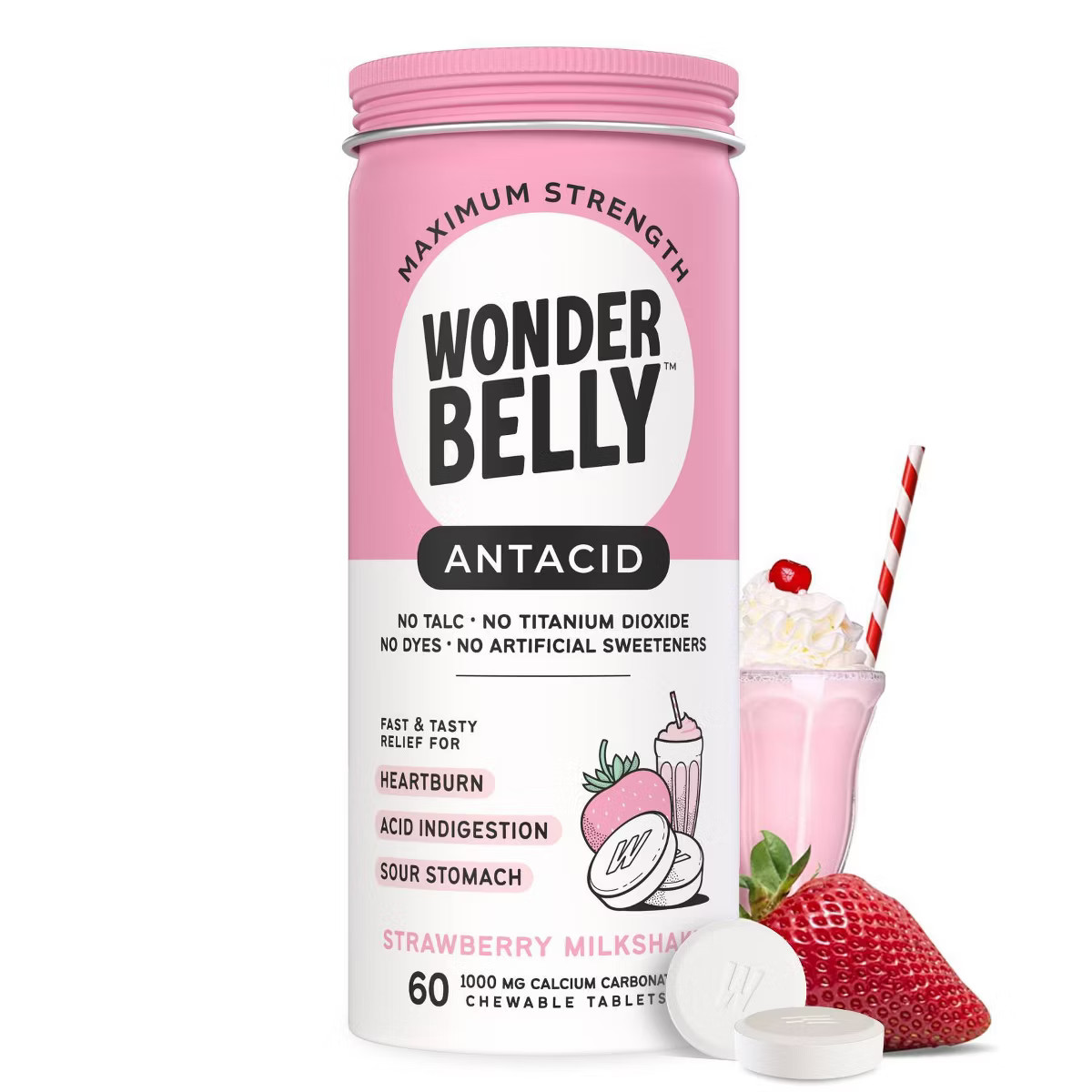 Wonderbelly Antacid 1000mg Chewable Heartburn Relief Tablets - Strawberry Milkshake - 60ct | Target