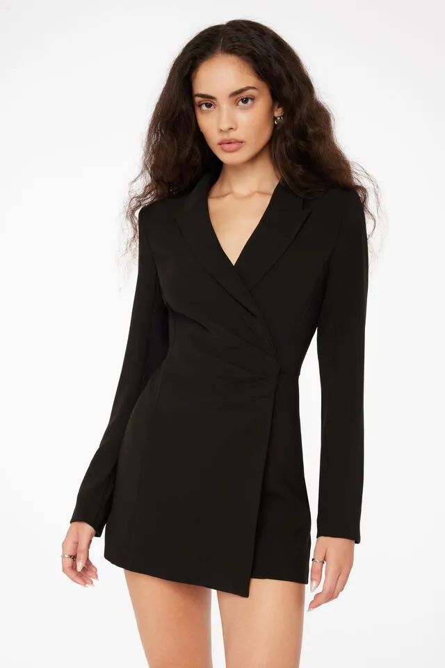 Maggie Long Sleeve Blazer Romper With Pleats | Dynamite Clothing