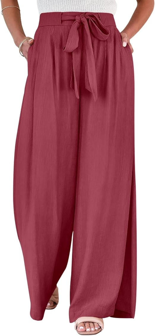 Caracilia Womens Wide Leg Palazzo Pants High Waisted Adjustable Tie Knot Flowy Trousers Casual Loose | Amazon (US)