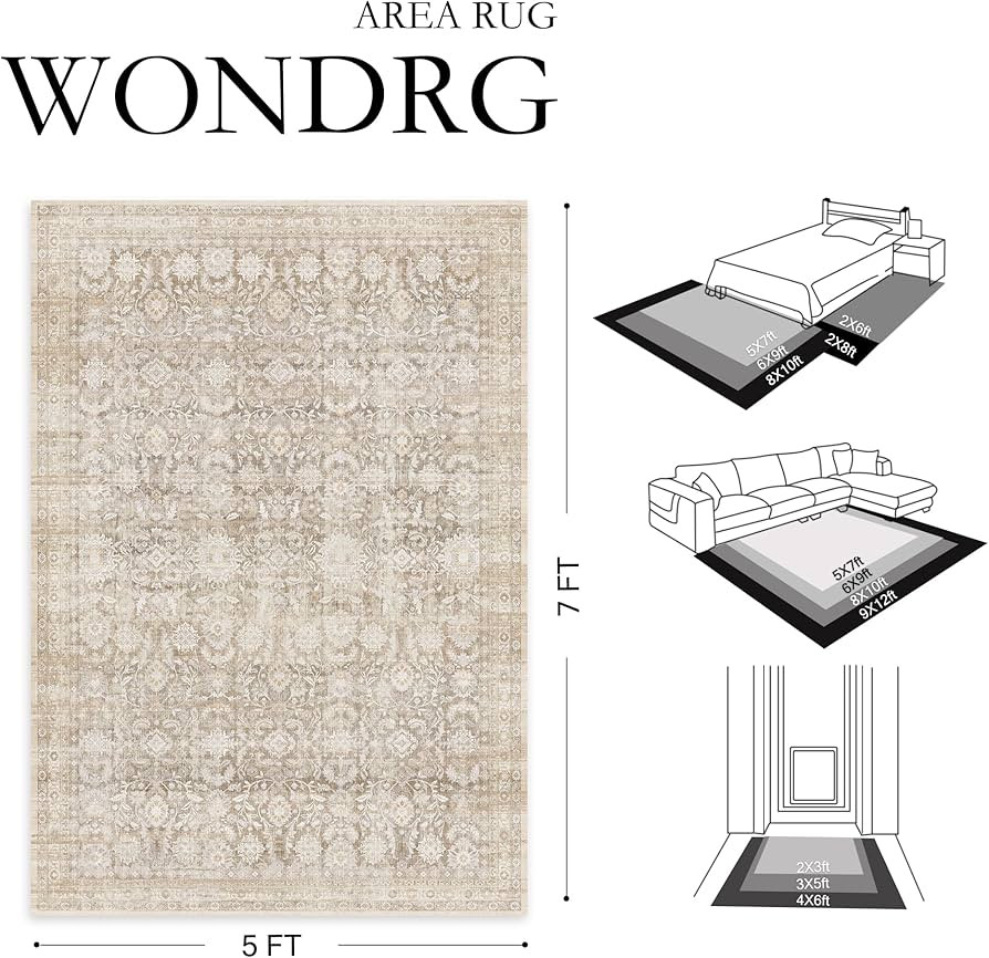 8x10 Beige Washable Neutral Area Rug Living Room Floral Non Slip Low Pile Large Rug Vintage Tradi... | Amazon (US)