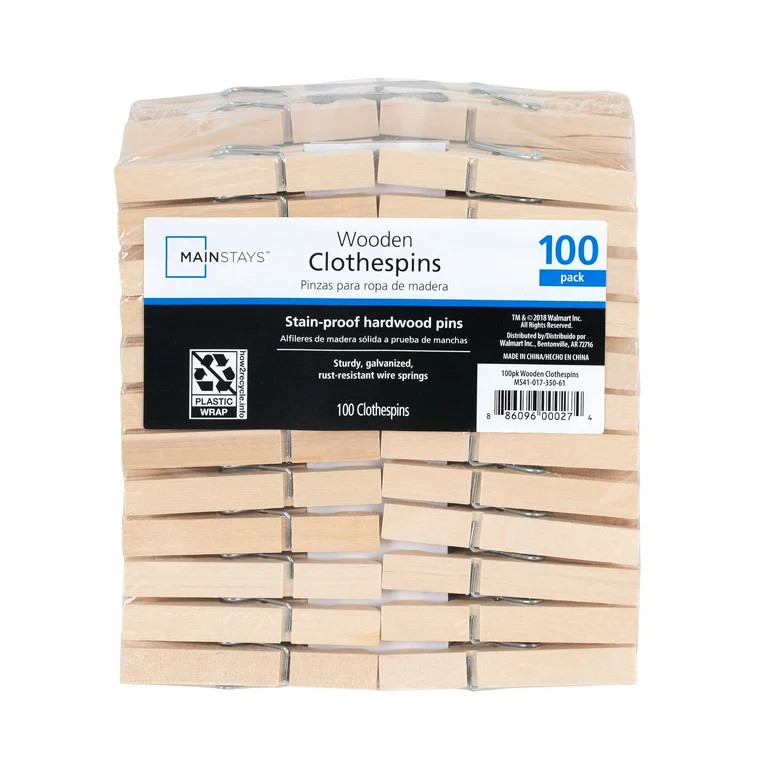 Mainstays Wooden Moisture Resistant Dry Laundry Clothespins, 100 Count, Natural Color Clothes Pin... | Walmart (US)