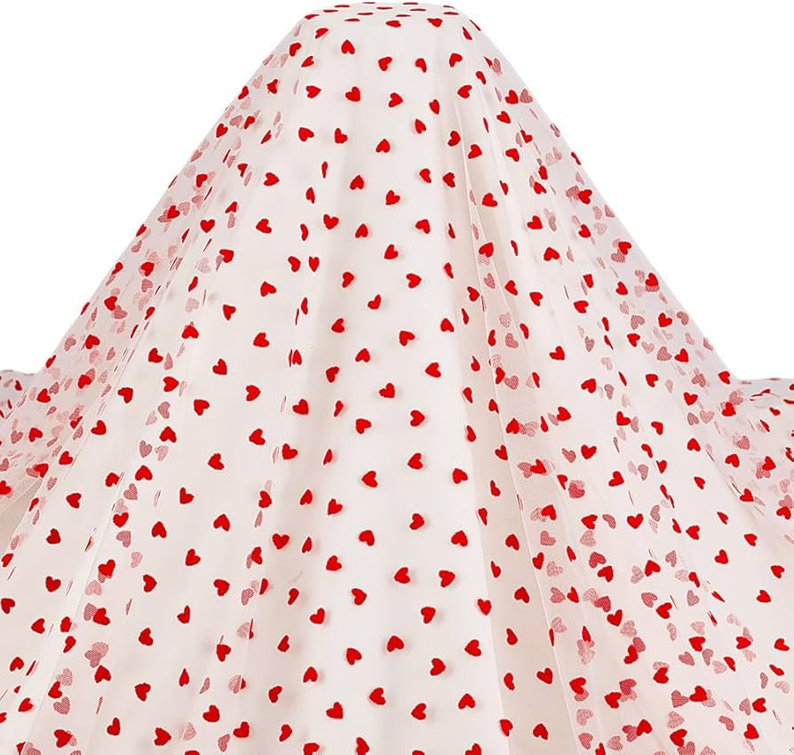 MAYJOYDIY 2 Yards×63inch Red Flocking Heart White Lace Mesh Fabric Lightweight Tulle Lovely Velv... | Amazon (US)