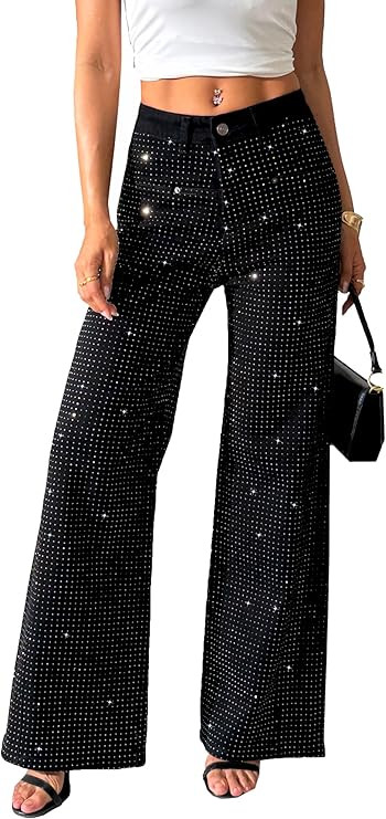 heipeiwa Women's Rhinestone Jeans Wide Leg Flare Denim Pants High Waist Sparkle Shiny Sequin Glit... | Amazon (US)