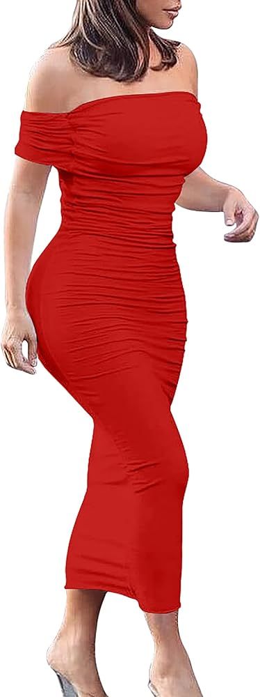 GOBLES Women's Ruched Off Shoulder Short Sleeve Bodycon Midi Elegant Cocktail Party Dress | Amazon (US)